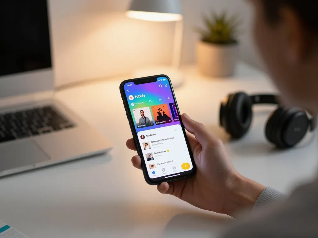 Engaging gameplay shows tubidy mp3 download on a smartphone in a cozy workspace.