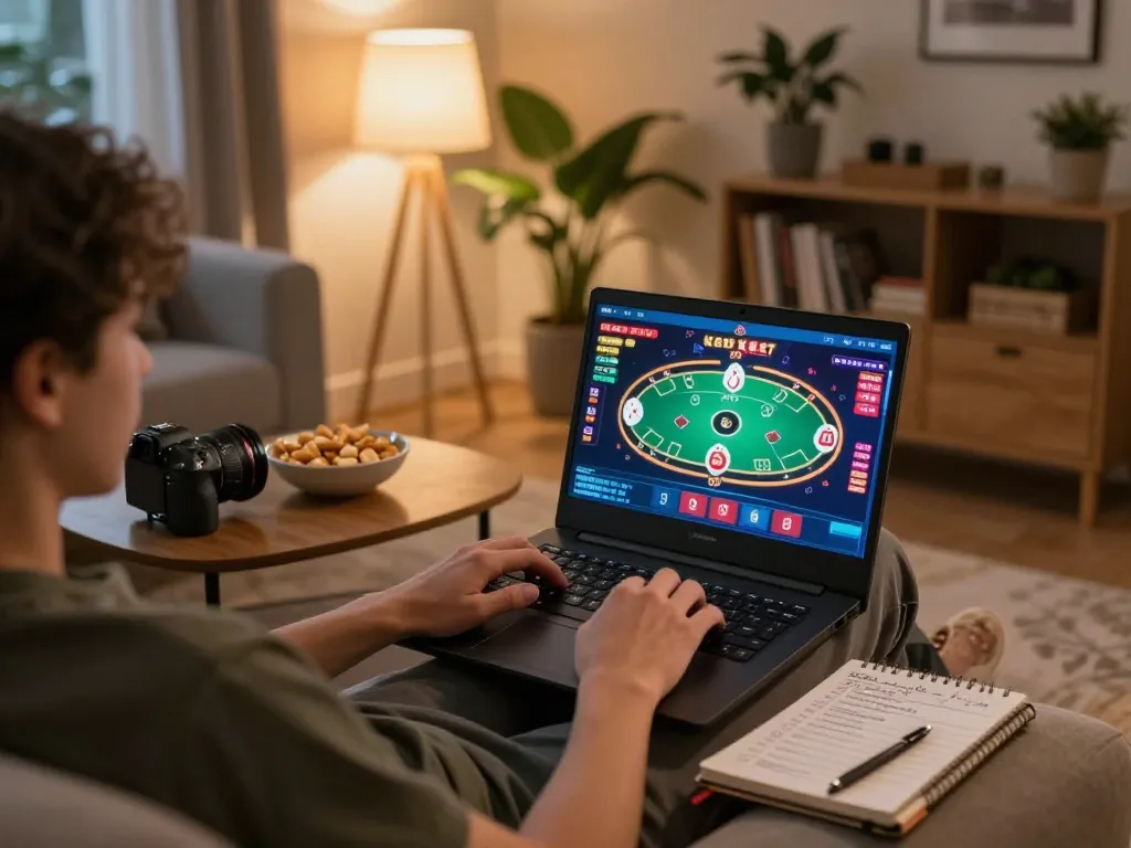 Engaging gameplay on oxbet com showing poker action in a cozy home setting with strategic notes present