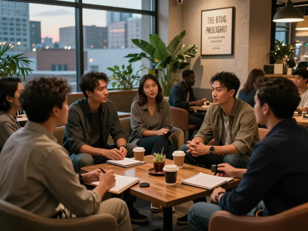 Men discussing in a modern man club setting, fostering community and support.