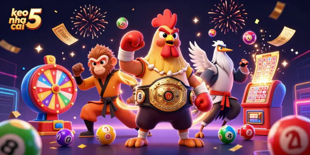 Engage with keo nha cai 5 in a thrilling 3D cartoon scene of competitive gambling.