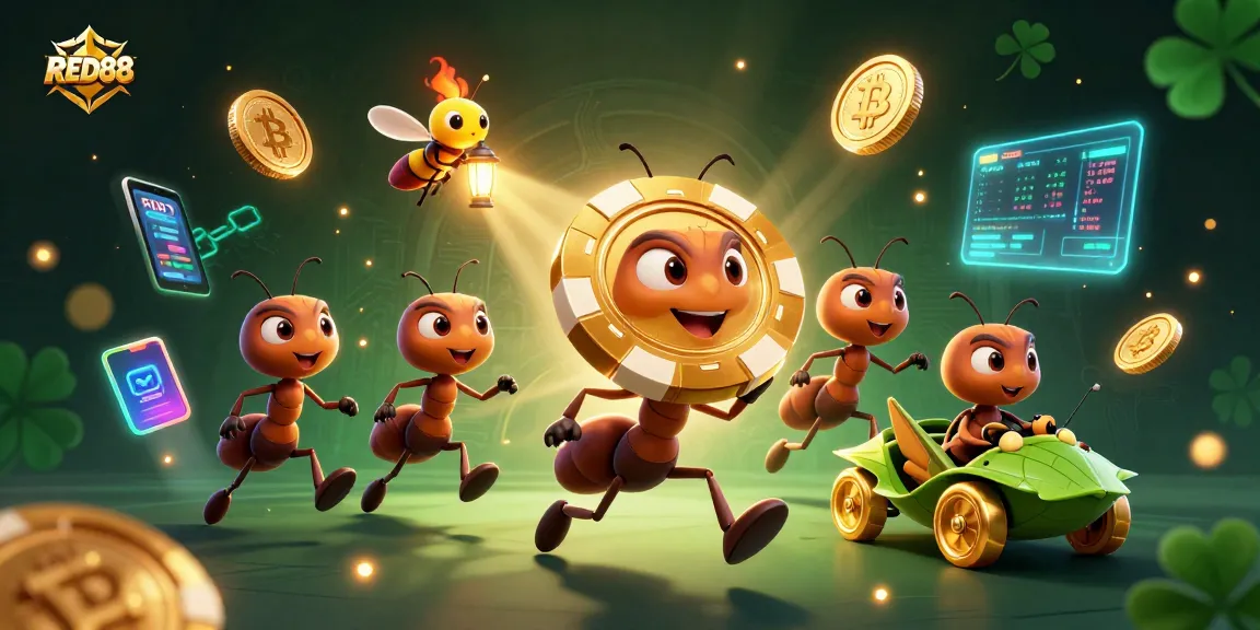 Engage in thrilling gameplay with RED88 as ants carry a giant poker chip amidst dynamic casino elements.