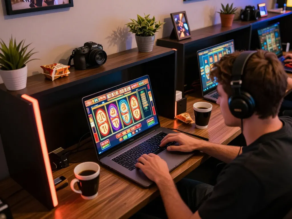 Player enjoying online slots at home with hm88, showcasing engaging visuals and cozy atmosphere.
