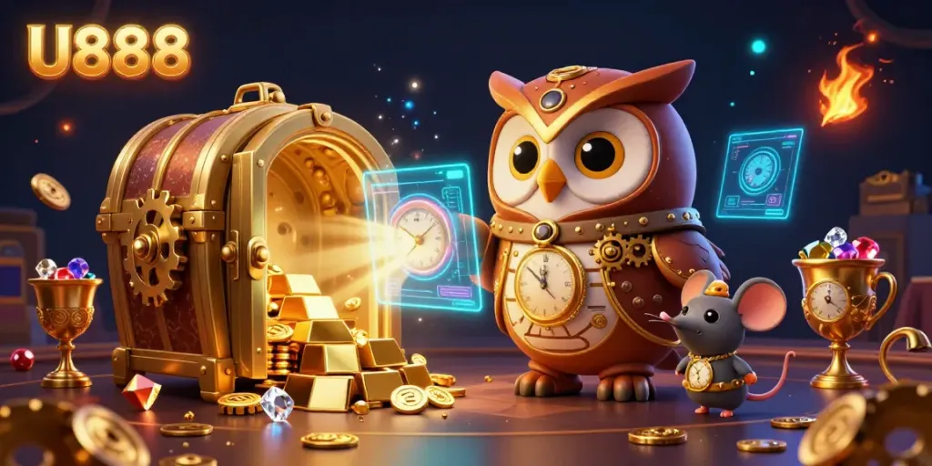 Experience exciting gaming with U888 featuring an owl time-traveler in a lavish 3D casino scene.