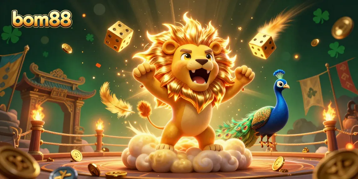 Play exciting games at bom88, where the sun lion leads thrilling casino action amidst golden elements.