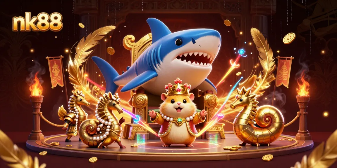 Experience nk88 action with a golden hamster king surrounded by treasures in a vibrant casino scene.