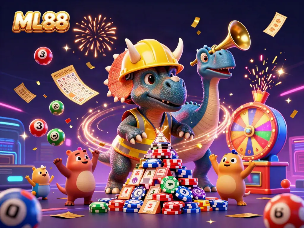 Engage with ML88's thrilling world, showcasing fun and colorful gambling elements in a vibrant setting.