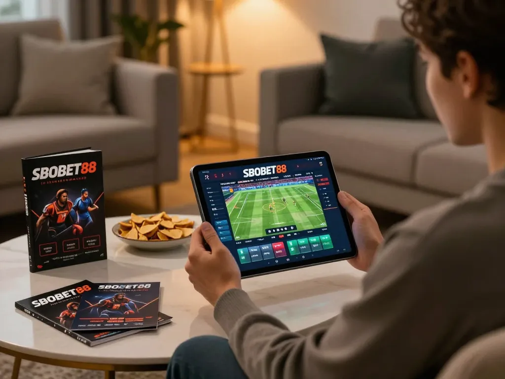 Pengguna SBOBET88 terlibat dengan antarmuka taruhan online di tablet bergaya di ruang tamu yang nyaman.