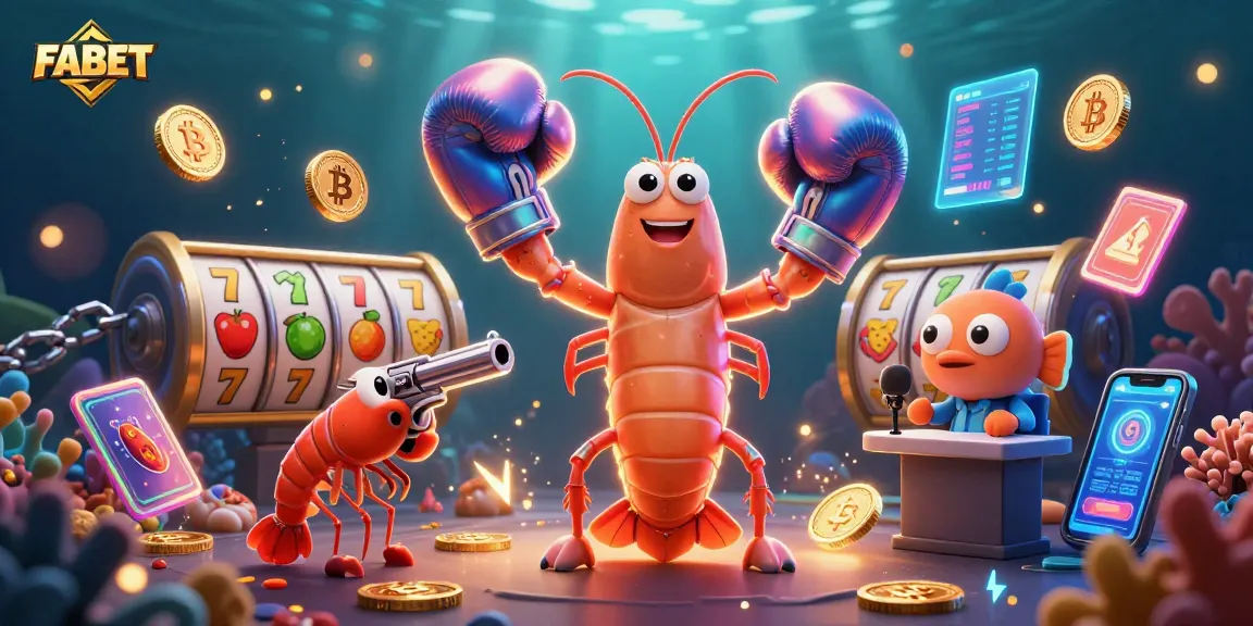FABET showcases vibrant slot reels and crypto coins amidst lively ocean characters for thrilling online gaming.