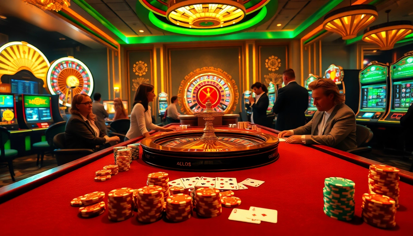 Experience the thrill of gambling at https://luck8.discount/ with vibrant casino tables, betting chips, and roulette wheels.