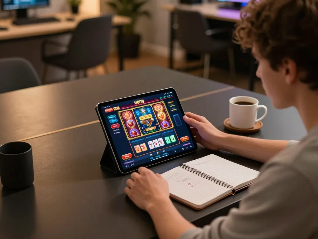 Player engaging with the VIP79 casino app on a tablet, surrounded by strategy notes in a cozy setup