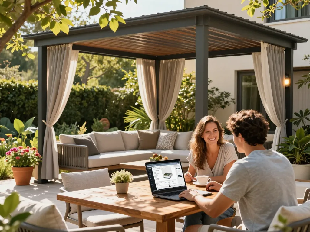 Coppia che utilizza il configuratore pergole con preventivo per progettare una pergola elegante in un accogliente giardino.