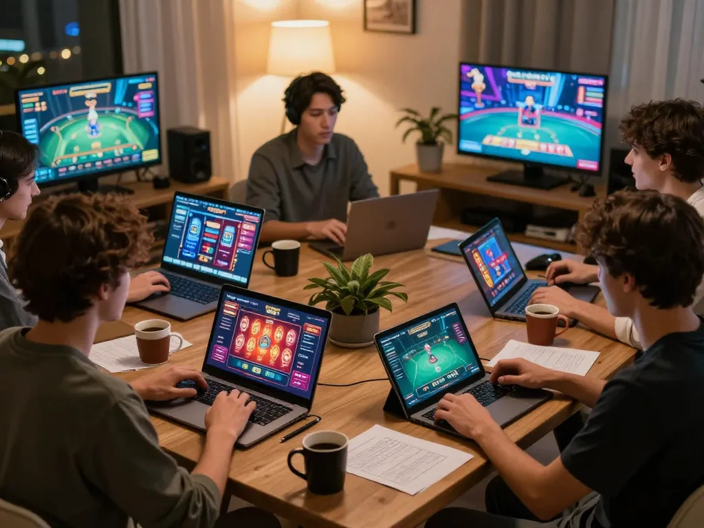 Players enjoying an online gaming session at home, experiencing excitement with 78win.com gaming options.