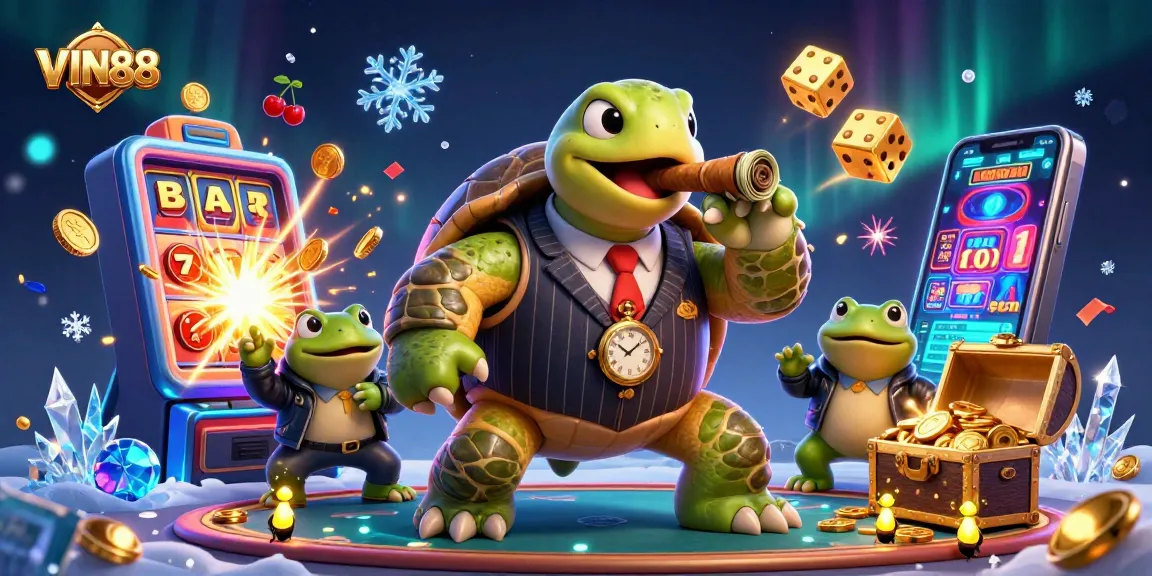 Experience the excitement of VIN88 with a 3D scene bursting with casino elements and characters.