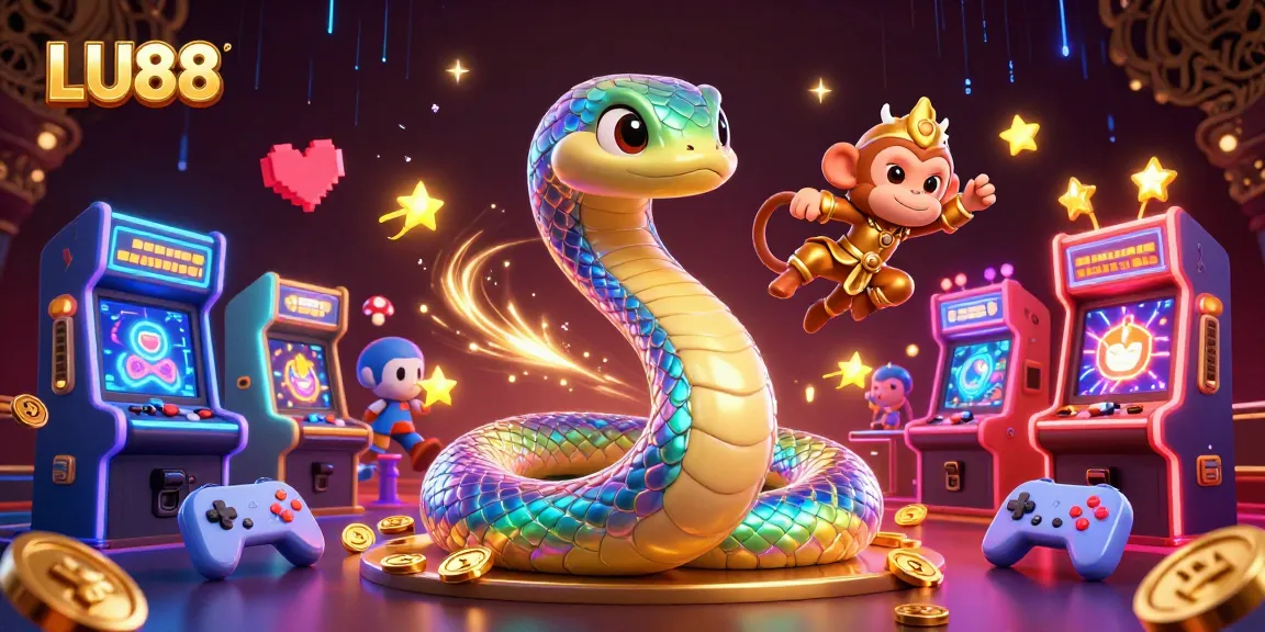 Engage in thrilling gameplay at LU88 with a rainbow serpent and monkey king in a vibrant casino setting.