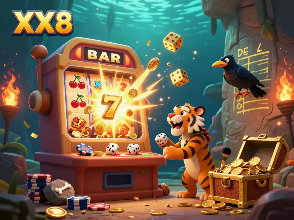 Play exciting games at XX8 with vibrant casino elements in this 3D illustration.