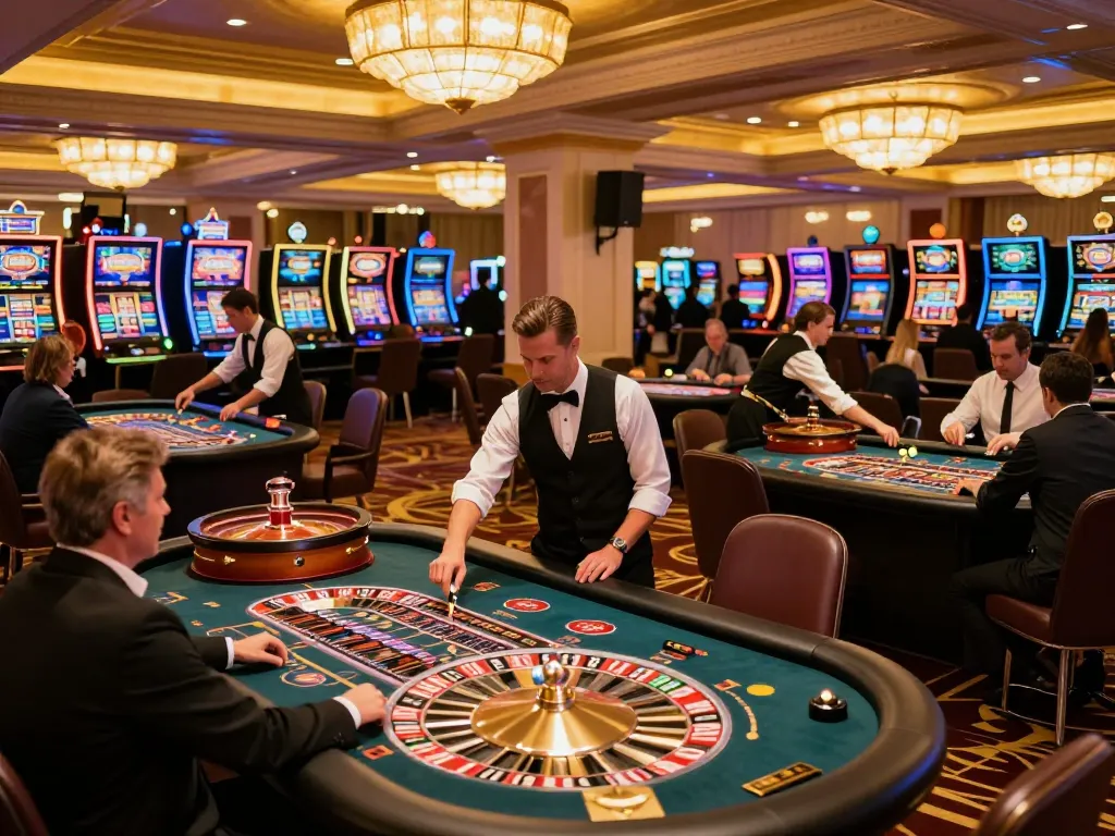 Players engaging in thrilling roulette gameplay at MAY88n casino, vibrant atmosphere and opulent setting.