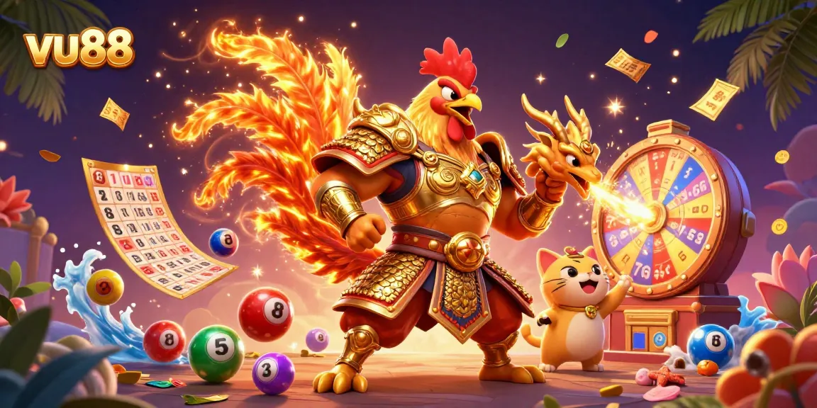 Engage in exciting gameplay at vu88 with vibrant lottery balls and animated characters in a lively casino scene.