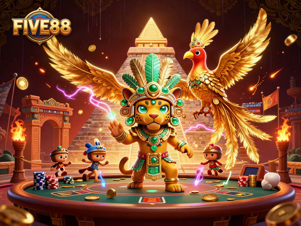 Bet on your strategy with FIVE88 in this vibrant casino atmosphere illustration.