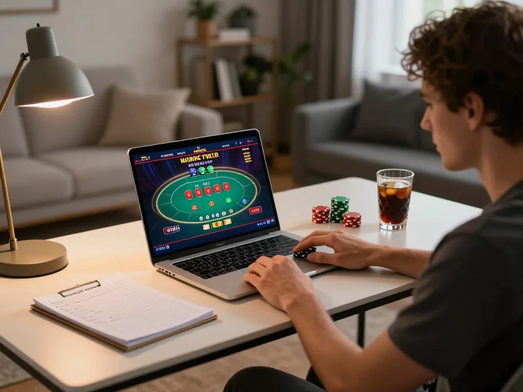 Person engaging in online gambling at nhà cái 88VV using a laptop, showcasing responsible gaming setup.