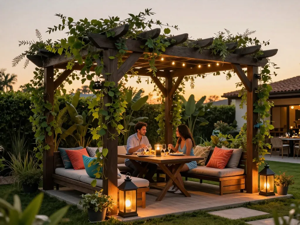Stunning outdoor 3D pergola design at sunset with cozy seating and dining setup.