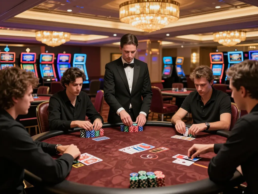 Players engaged in competitive poker game in upscale casino with DA88 ambiance, showcasing strategies and interaction.