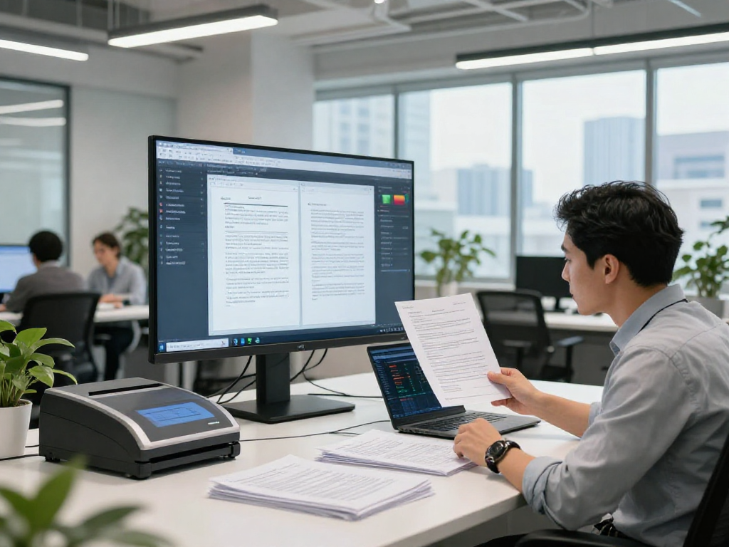 Enhanced document fraud detection tools in a modern office, cybersecurity analyst reviewing digital documents and printed materials.