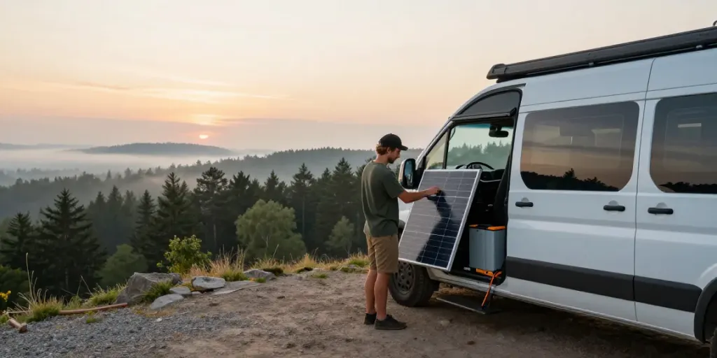 Traveler preparing solar panel setup for rokok88 login in scenic campervan environment.