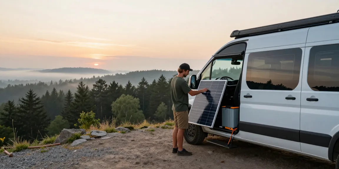 Traveler preparing solar panel setup for rokok88 login in scenic campervan environment.