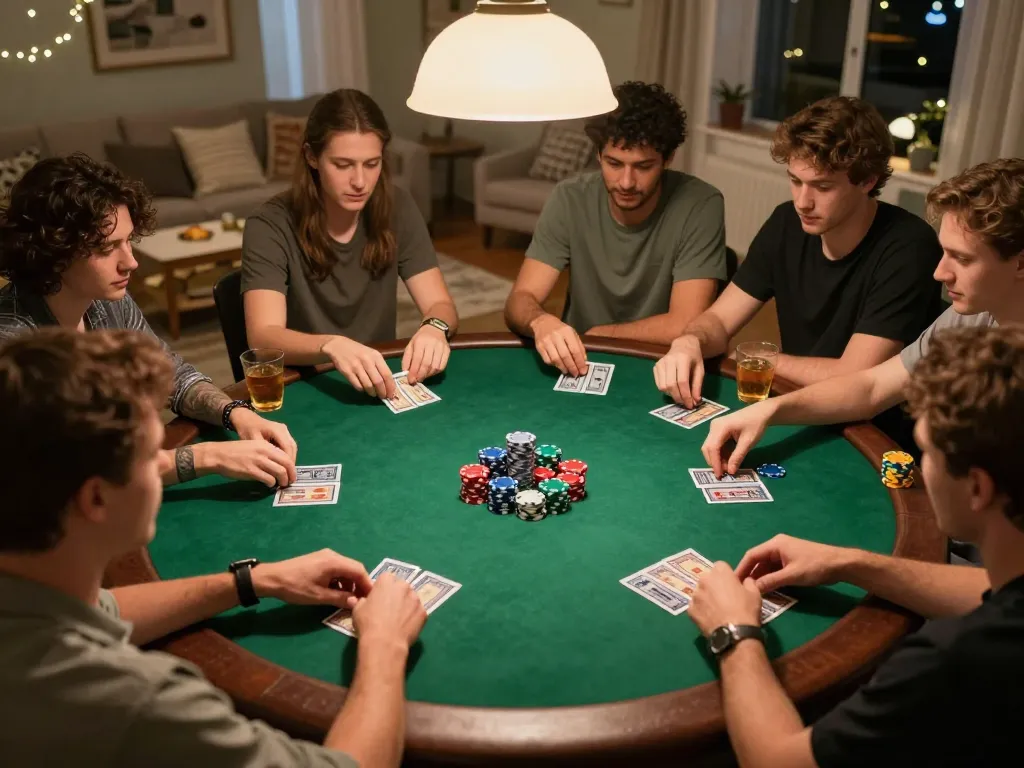 Friends enjoying an exciting poker night at home, showcasing gameplay with open88 cards and chips on the table.