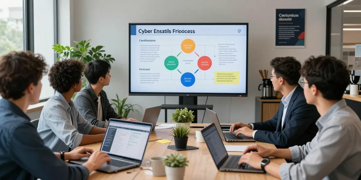 Cyber Essentials Plus cost discussion in a modern office meeting with IT experts analyzing certification stages and compliance.