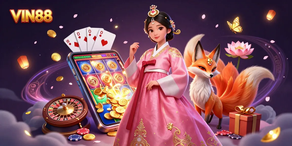 Experience the excitement of slots with VIN88, featuring vibrant slot games, golden coins, and elegant characters.