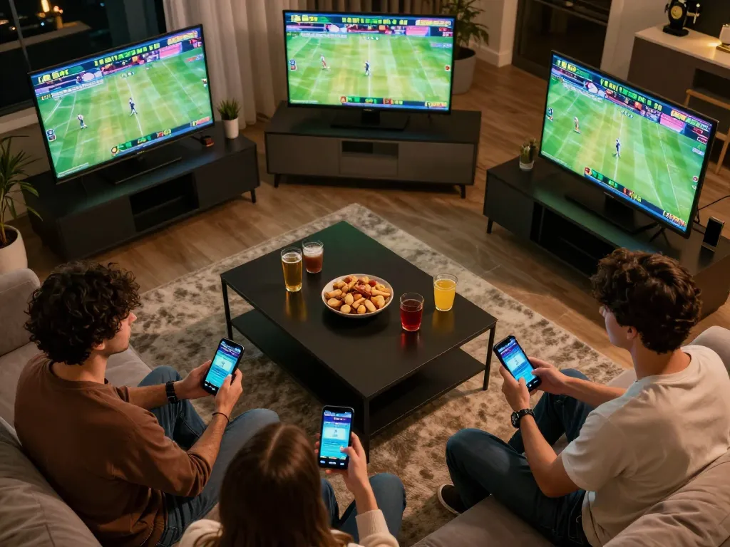 Engaged friends placing bets on Bsport during live sports events, enjoying a social gaming atmosphere