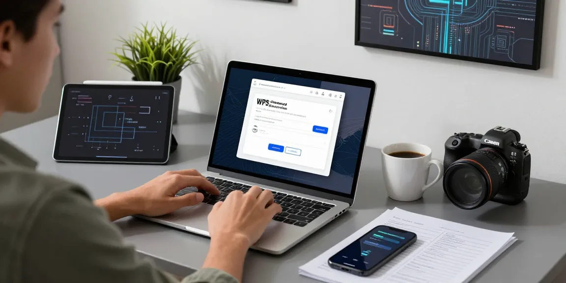 WPS Download interface displayed on a laptop in a modern tech workspace, highlighting productivity tools and a motivating environment.