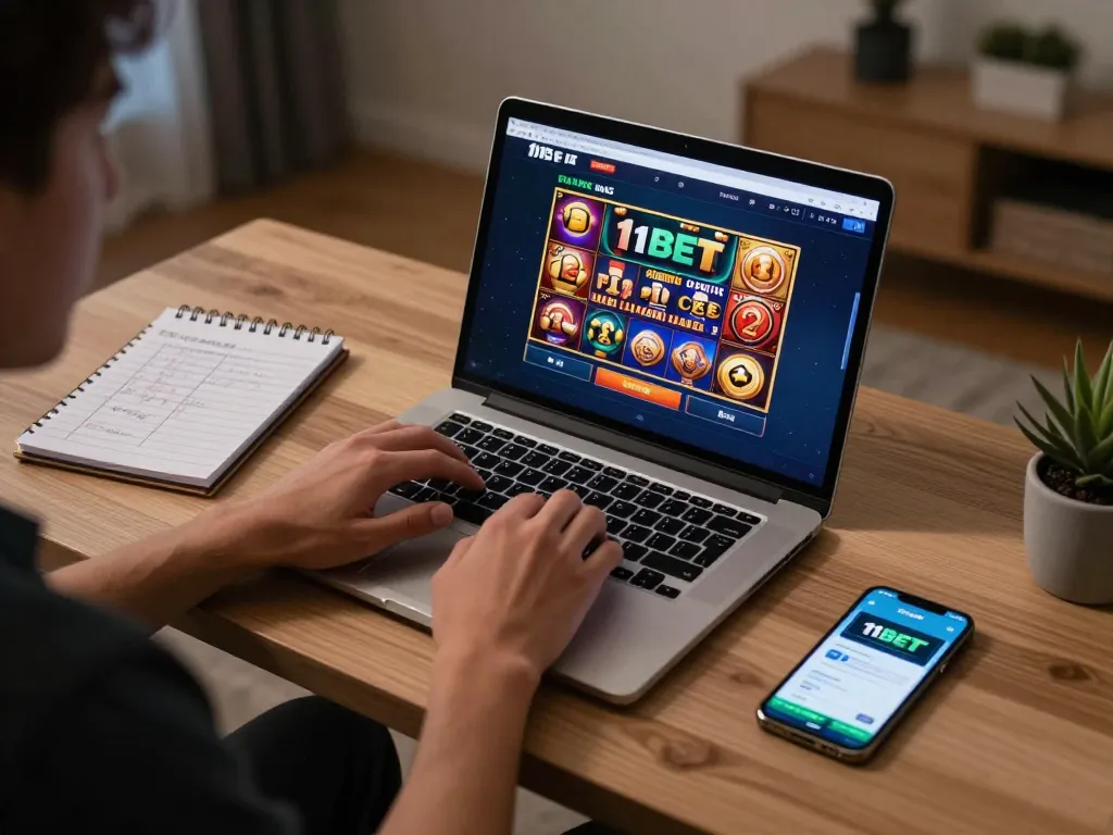 Engaging in online casino gaming at https://11bet.se.net/ on a laptop with betting strategies visible.