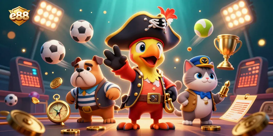 Experience thrilling games at e88, featuring vibrant pirate-themed characters and exciting sports action.