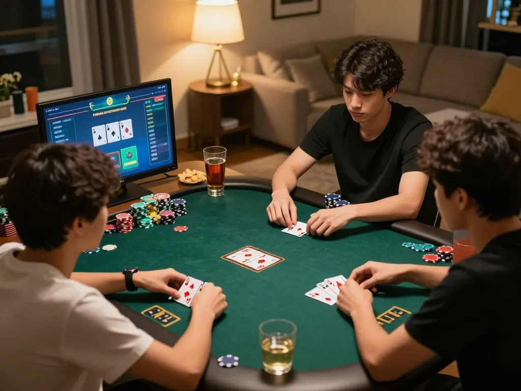 Players strategizing at home with online poker on f8bet net, showcasing an engaging gaming environment