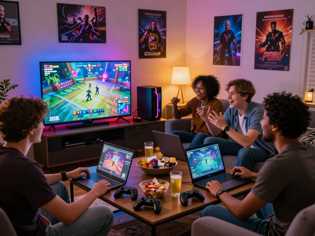 Friends enjoying an exciting gaming night playing porn games together with colorful LED lighting and snacks in a cozy living room.