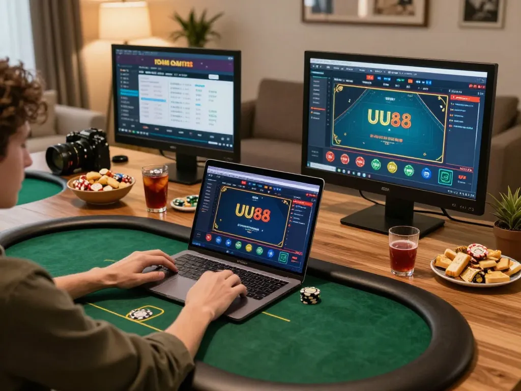 Engaging home poker strategy session at UU88 casino with multiple screens in play