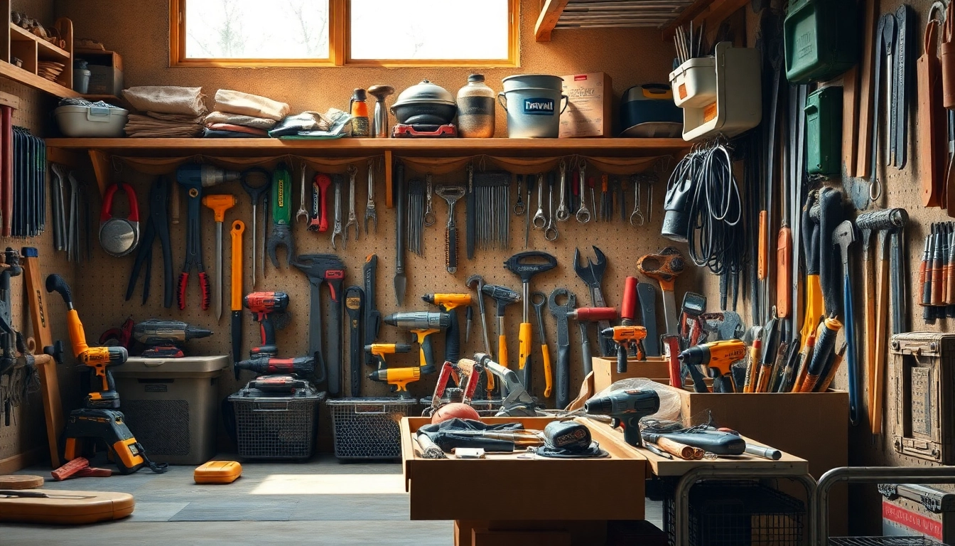 Porta attrezzi organizzato in un laboratorio ben illuminato, che mostra vari strumenti e soluzioni di stoccaggio, enfatizzando funzionalità e professionalità.