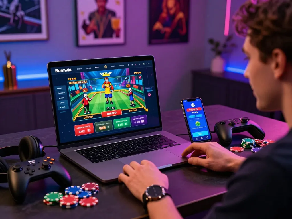 Engaging Bomwin online gambling platform scene with user interacting on multiple devices, creating an inviting gaming atmosphere.