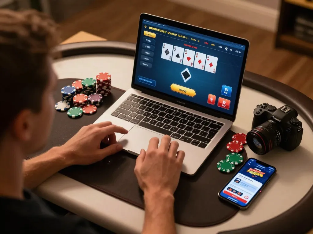 Engaging with poker game online at https://uk88.ru.com/ on a stylish desk with colorful poker chips.