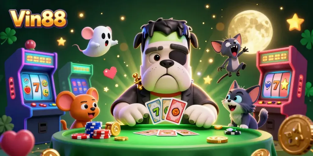 Engage in thrilling gameplay at Vin88 featuring lively characters, casino elements, and vibrant arcade visuals.