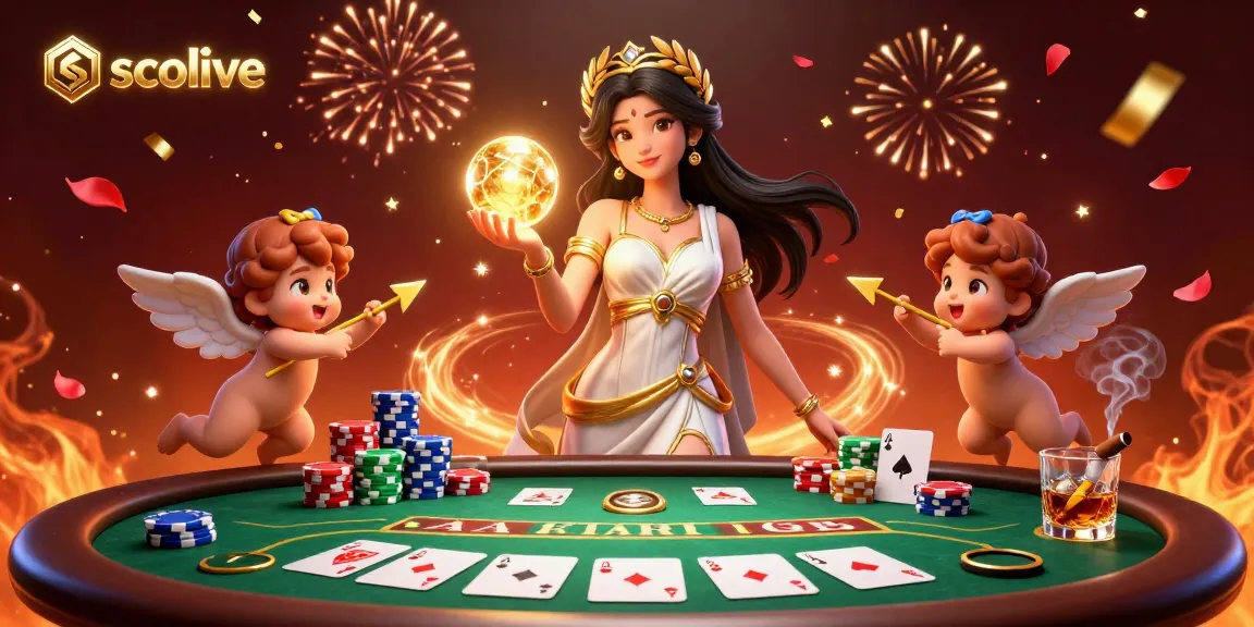 Socolive provides vibrant poker action with a glowing goddess and cherubs amidst colorful chips and cards.