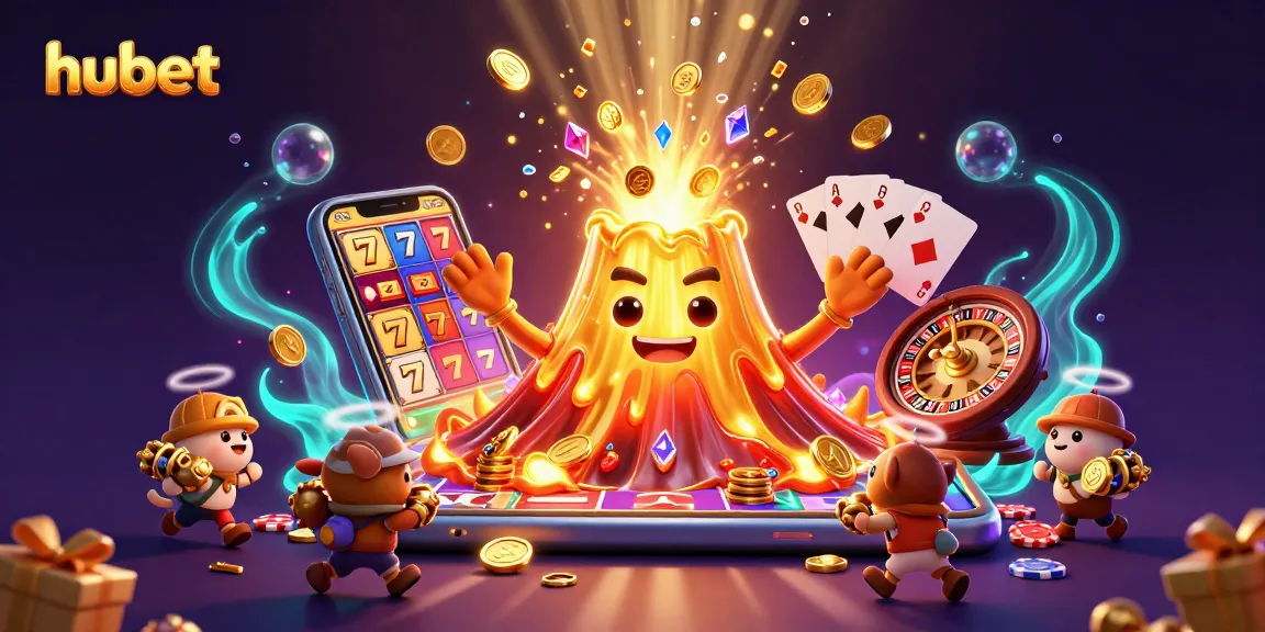 Experience thrilling wins at hubet where a golden volcano erupts coins and gems in a vibrant casino scene.