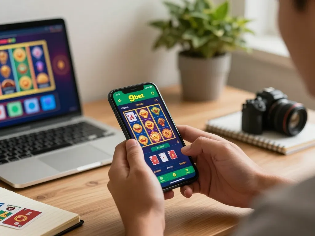 Player engaged with the 9bet casino app on a smartphone showcasing strategic gameplay.