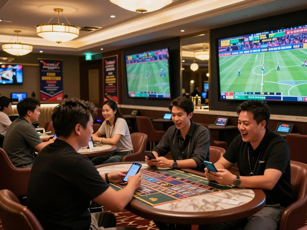 Bet on j188 in a lively sports betting lounge with excited patrons engaging in live events