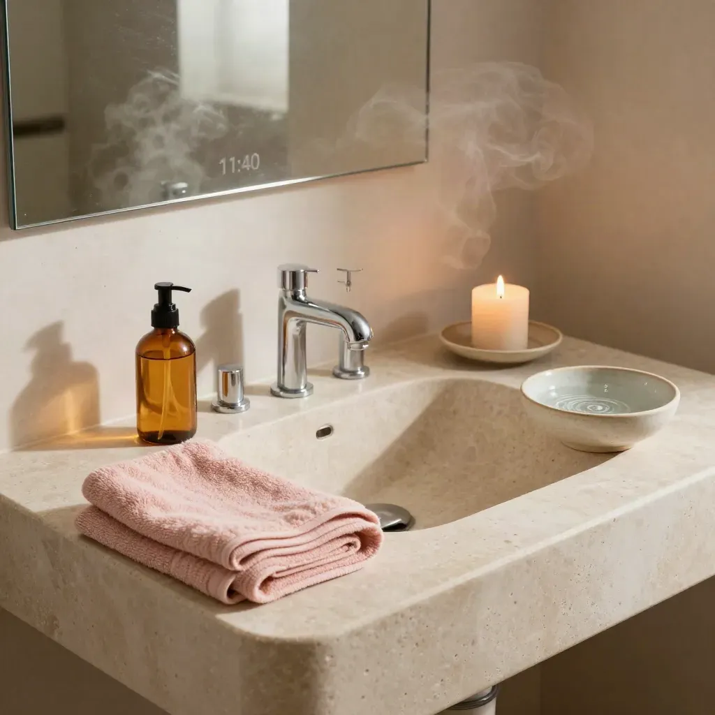 Rituale serale in bagno con candela, olio ambrato, asciugamano piegato e ciotola d'acqua.