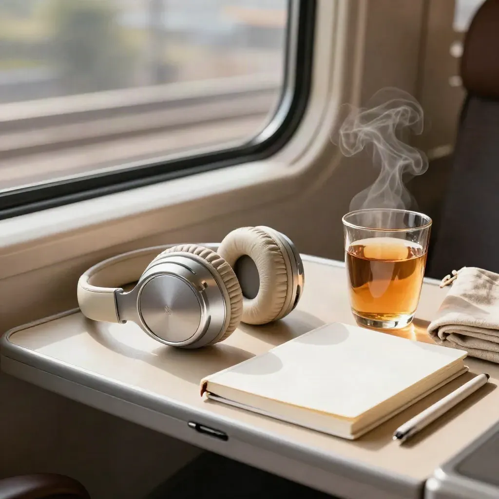 Kit da meditazione su un tavolino del treno con cuffie, taccuino bianco e tè fumante