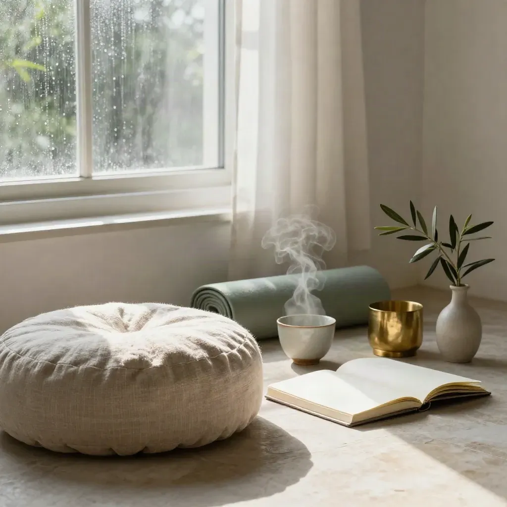 Angolo meditazione mattutina con cuscino zafu, tè fumante, journal e ramoscello d’olivo.