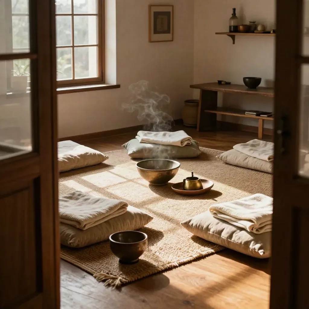 Cerchio di cuscini e coperte in sala workshop, luce dorata su tappeto e ciotola ceramica.